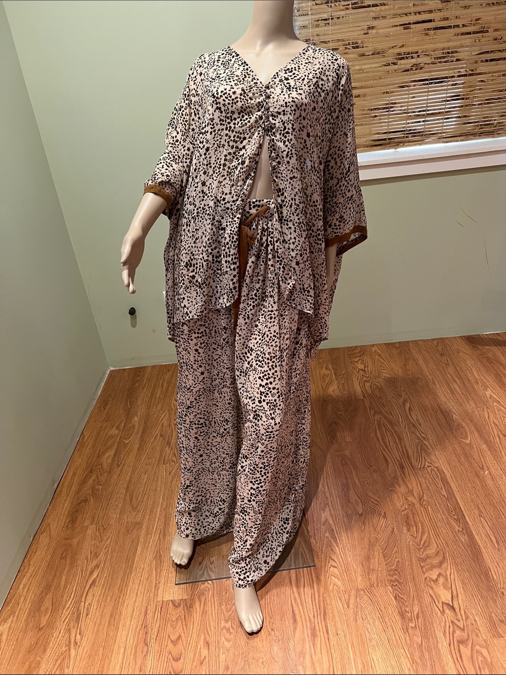 Free People intimately Beige & Brown Printed Wide-Leg Pants Set Size M/L